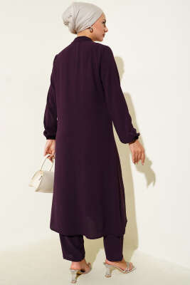 Önü Fırfırlı Taş Detaylı İkili Takım Mürdüm - Thumbnail