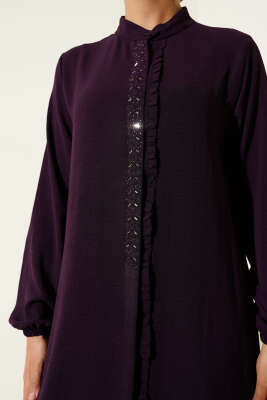 Önü Fırfırlı Taş Detaylı İkili Takım Mürdüm - Thumbnail