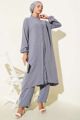 Pazarium - Önü Fırfırlı Taş Detaylı İkili Takım Gri