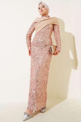 Pazarium - Parça Detaylı Pul Payet Abiye Gold