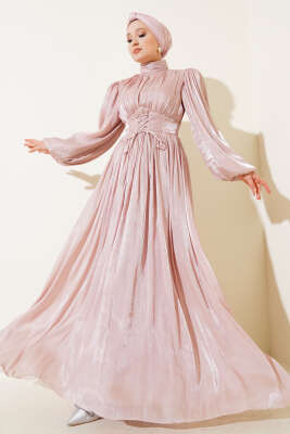 Pazarium - Şifon İp Bağlamalı Piliseli Abiye Elbise Pudra