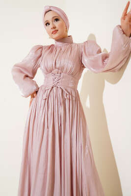 Şifon İp Bağlamalı Piliseli Abiye Elbise Pudra - Thumbnail