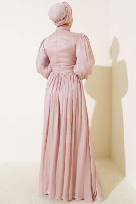 Şifon İp Bağlamalı Piliseli Abiye Elbise Pudra - Thumbnail