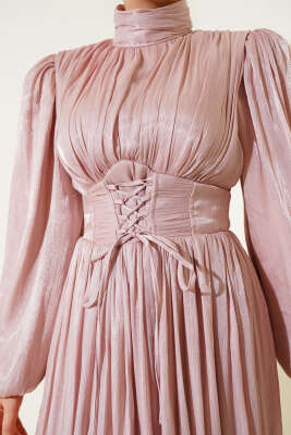Şifon İp Bağlamalı Piliseli Abiye Elbise Pudra - Thumbnail