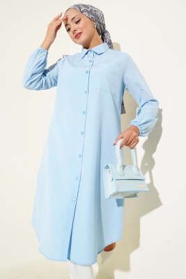 Pazarium - Gömlek Yaka Tek Cepli Uzun Gömlek Bebe Mavi