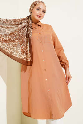 Pazarium - Gömlek Yaka Tek Cepli Uzun Gömlek Camel