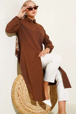 Pazarium - Gömlek Yaka Tek Cepli Uzun Gömlek Kahve