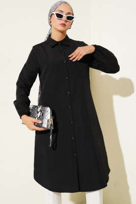 Pazarium - Gömlek Yaka Tek Cepli Uzun Gömlek Siyah