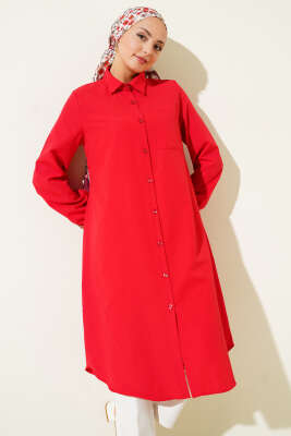 Pazarium - Gömlek Yaka Tek Cepli Uzun Gömlek Kırmızı