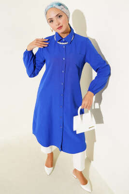 Pazarium - Gömlek Yaka Tek Cepli Uzun Gömlek Saks