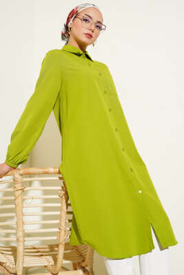 Pazarium - Gömlek Yaka Tek Cepli Uzun Gömlek Yeşil