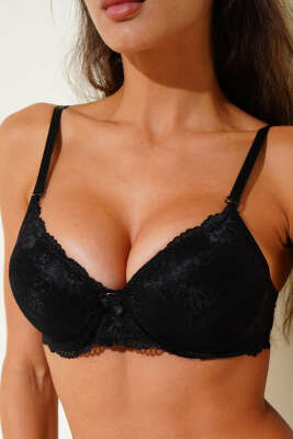 Pazarium - Dantelli Destekli Sütyen Siyah
