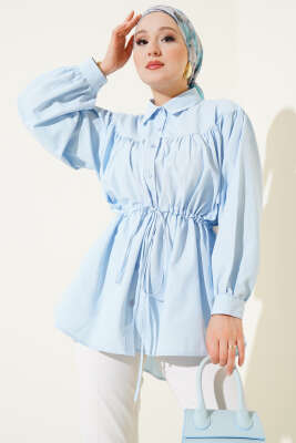 Pazarium - Önü Büzgülü Bel Tünelli Gömlek Bebe Mavi
