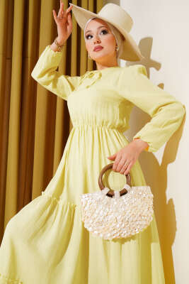 Pazarium - Beli Lastikli Kat Elbise Sarı