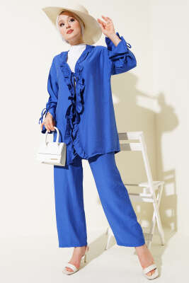 Pazarium - Yaka Fırfır Detaylı İkili Takım Saks