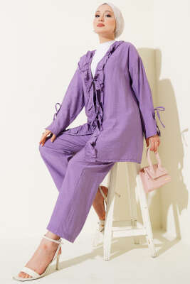 Pazarium - Yaka Fırfır Detaylı İkili Takım Lila