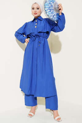 Pazarium - Pelerin Detaylı Uzun Tunik İkili Takım Saks