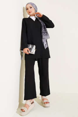 Pazarium - Yandan İp Bağlamalı Basic İkili Takım Siyah