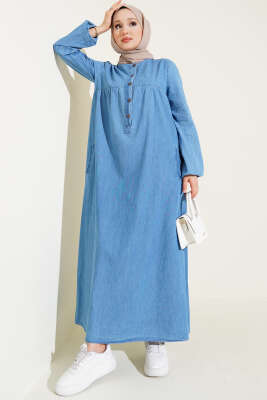 Pazarium - Patlı Beş Düğmeli Kot Mavisi Elbise