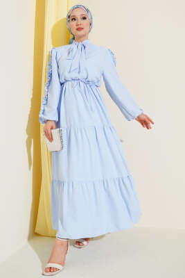 Pazarium - Kolu Fırfır Detaylı Kat Elbise Mavi
