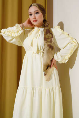 Pazarium - Kolu Fırfır Detaylı Kat Elbise Sarı