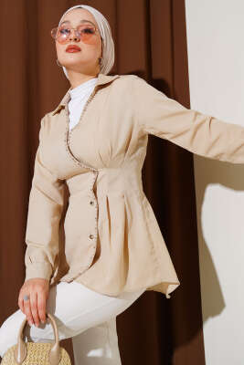 Pazarium - İnci Detaylı Belden Pileli Gömlek Taş