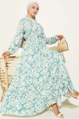 Pazarium - Hakim Yaka Bel Tünelli Desenli Elbise Mint