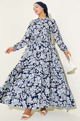 Pazarium - Hakim Yaka Bel Tünelli Desenli Elbise Lacivert