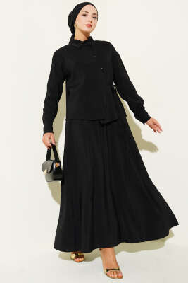 Pazarium - Gömlek Yaka Yandan Bağlamalı Etekli İkili Takım Siyah