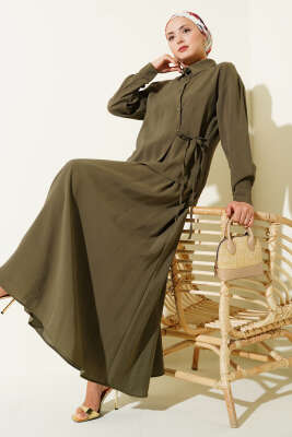 Pazarium - Gömlek Yaka Yandan Bağlamalı Etekli İkili Takım Haki