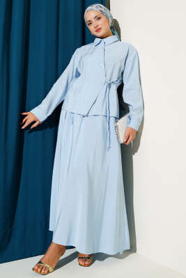 Pazarium - Gömlek Yaka Yandan Bağlamalı Etekli İkili Takım Mavi