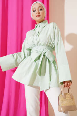 Kendinden Kuşaklı Önü Büzgülü Tunik Su Yeşili - Thumbnail