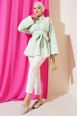 Kendinden Kuşaklı Önü Büzgülü Tunik Su Yeşili - Thumbnail