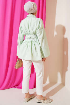 Kendinden Kuşaklı Önü Büzgülü Tunik Su Yeşili - Thumbnail