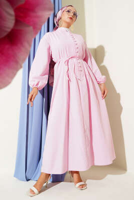 Pazarium - Hakim Yaka Brit Düğmeli Elbise Pembe