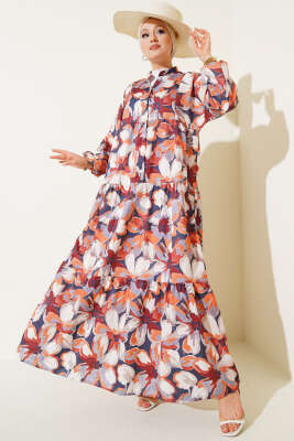 Pazarium - Hakim Yaka Bilek Lastikli Çiçek Desenli Elbise Kiremit