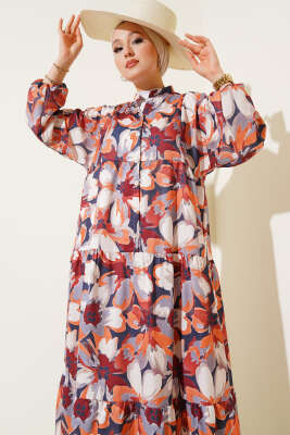 Hakim Yaka Bilek Lastikli Çiçek Desenli Elbise Kiremit - Thumbnail