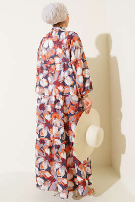 Hakim Yaka Bilek Lastikli Çiçek Desenli Elbise Kiremit - Thumbnail