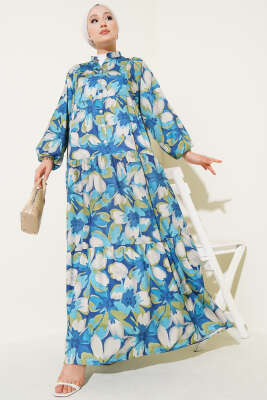 Pazarium - Hakim Yaka Bilek Lastikli Çiçek Desenli Elbise Lacivert