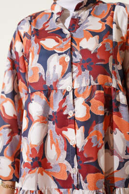 Hakim Yaka Bilek Lastikli Çiçek Desenli Elbise Kiremit - Thumbnail