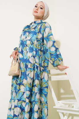 Hakim Yaka Bilek Lastikli Çiçek Desenli Elbise Lacivert - Thumbnail