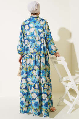 Hakim Yaka Bilek Lastikli Çiçek Desenli Elbise Lacivert - Thumbnail