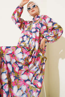 Pazarium - Hakim Yaka Bilek Lastikli Çiçek Desenli Elbise Pembe