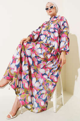 Hakim Yaka Bilek Lastikli Çiçek Desenli Elbise Pembe - Thumbnail