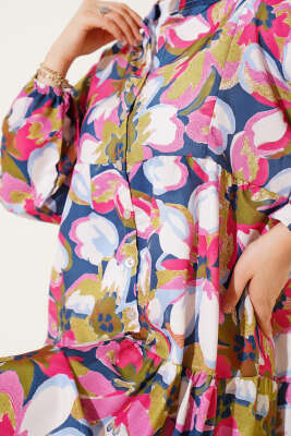 Hakim Yaka Bilek Lastikli Çiçek Desenli Elbise Pembe - Thumbnail