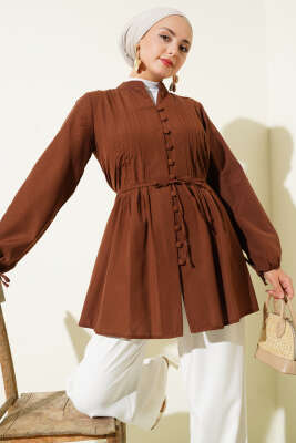 Pazarium - Brit Düğmeli Nervürlü Tunik Kahve
