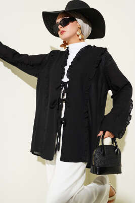 Pazarium - Fırfır Detaylı Kimono Siyah