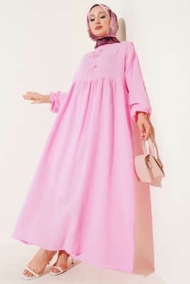 Pazarium - Fiyonk Detaylı Müslin Elbise Pembe