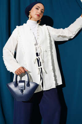 Pazarium - Fırfır Detaylı Kimono Ekru