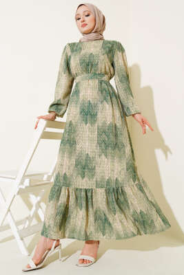Pazarium - Desenli Viscon Elbise Yeşil